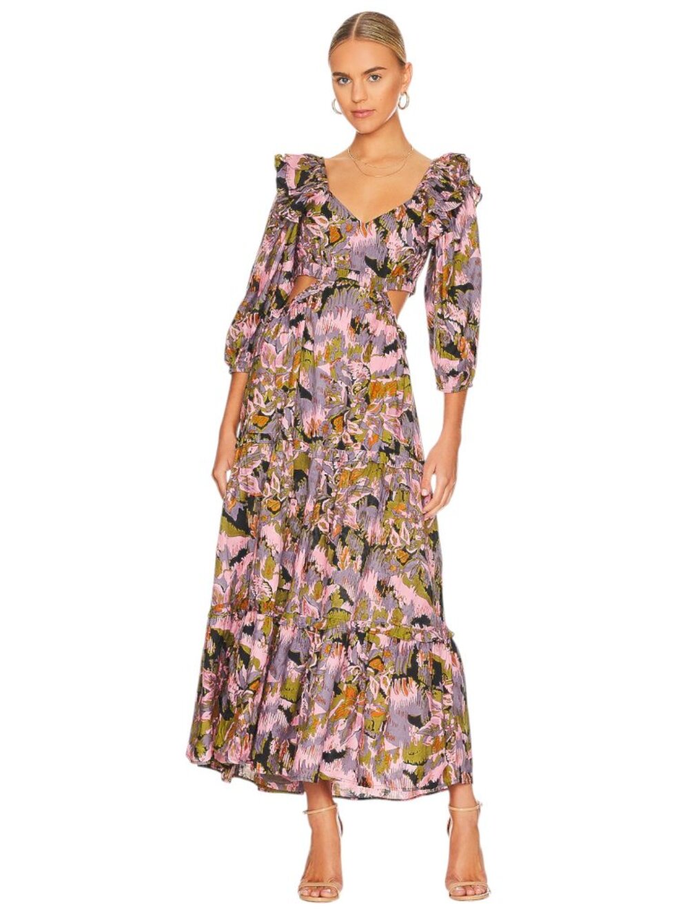 Cleobella Paris Pink Gray Tapestry Print Cut Out Back Ruffle Tiered Maxi Dress